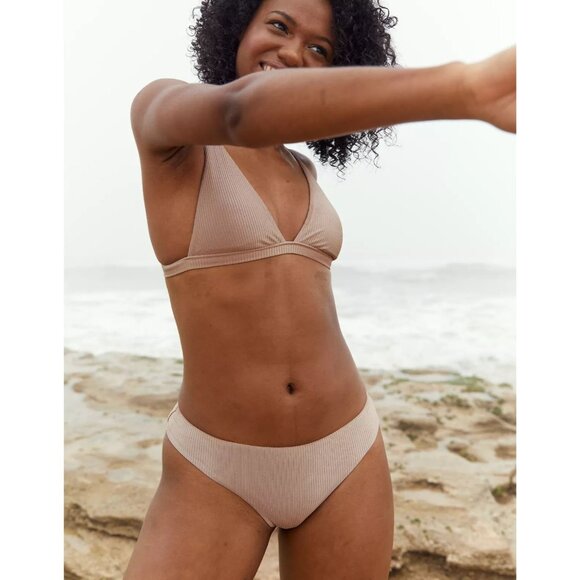 AERIE Shine Rib Cocoa Cream Beige Ribbed Plunge Triangle Bikini Top, Size S - Picture 1 of 8
